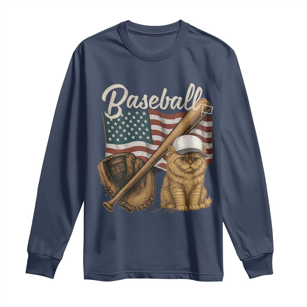 Funny Baseball Cat Lover Long Sleeve Shirt Patriotic USA Sports Lover TS12 Navy Print Your Wear