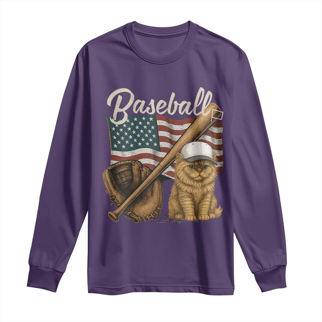 Funny Baseball Cat Lover Long Sleeve Shirt Patriotic USA Sports Lover TS12 Purple Print Your Wear