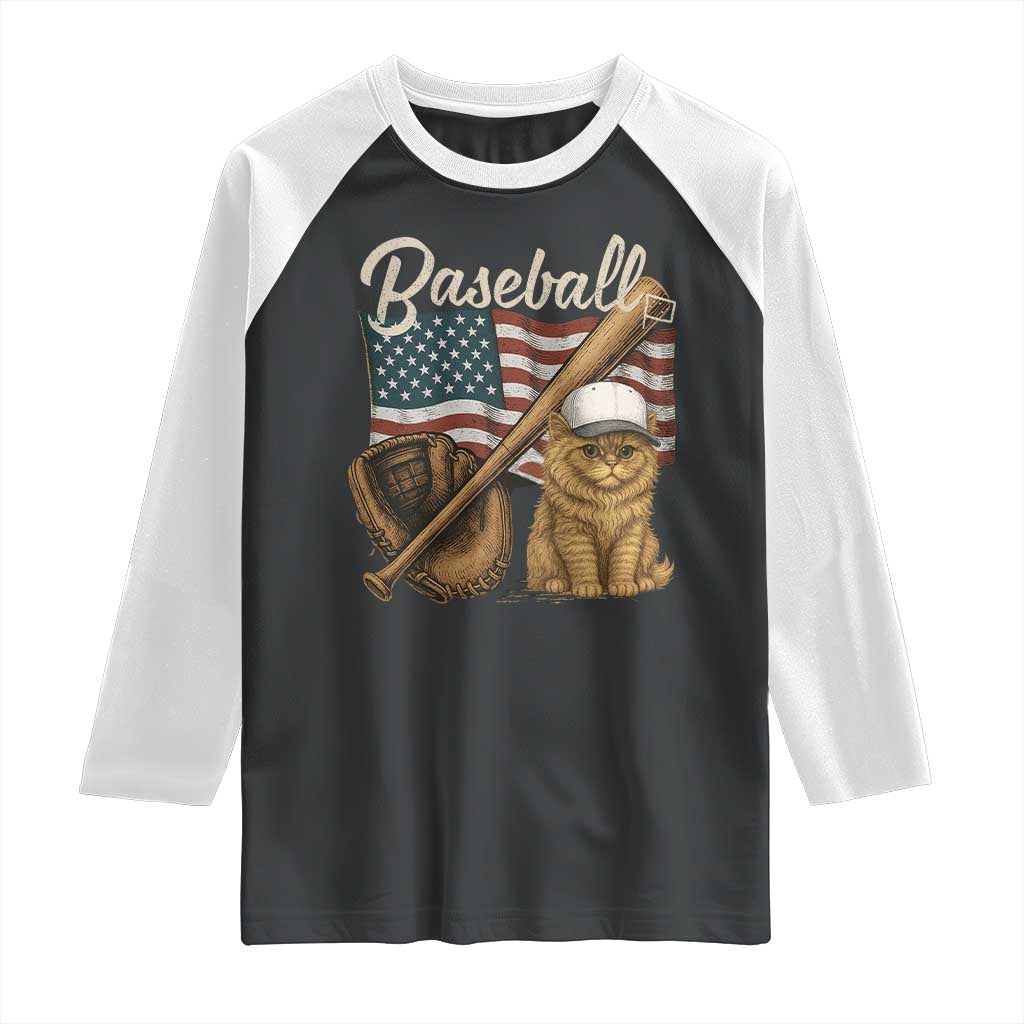 Funny Baseball Cat Lover Raglan Shirt Patriotic USA Sports Lover TS12 Black White Print Your Wear