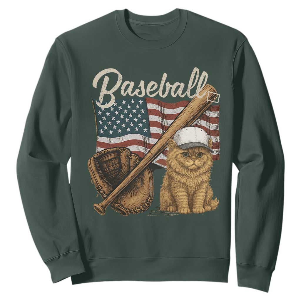 Funny Baseball Cat Lover Sweatshirt Patriotic USA Sports Lover TS12 Dark Forest Green Print Your Wear