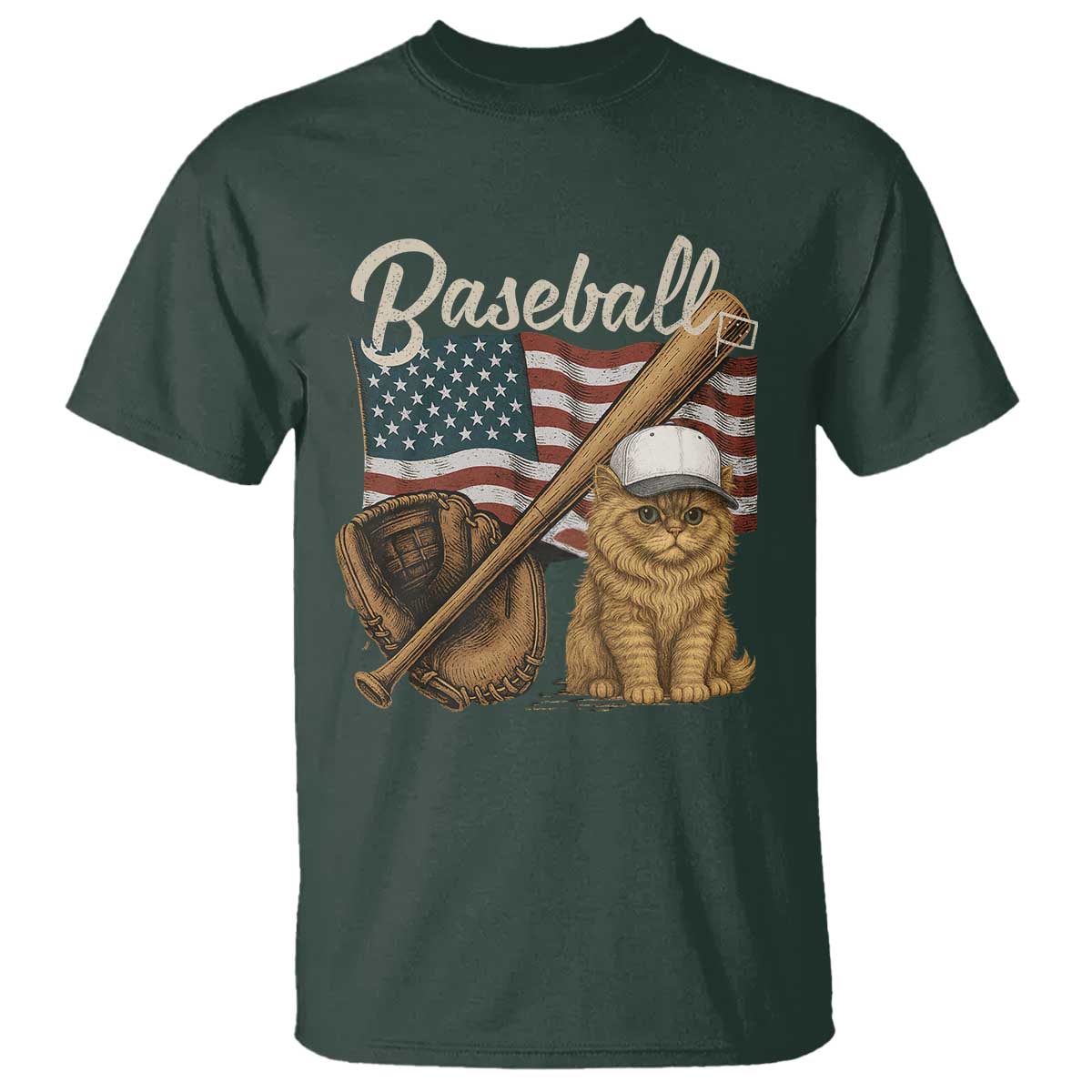 Funny Baseball Cat Lover T Shirt Patriotic USA Sports Lover TS12 Dark Forest Green Print Your Wear