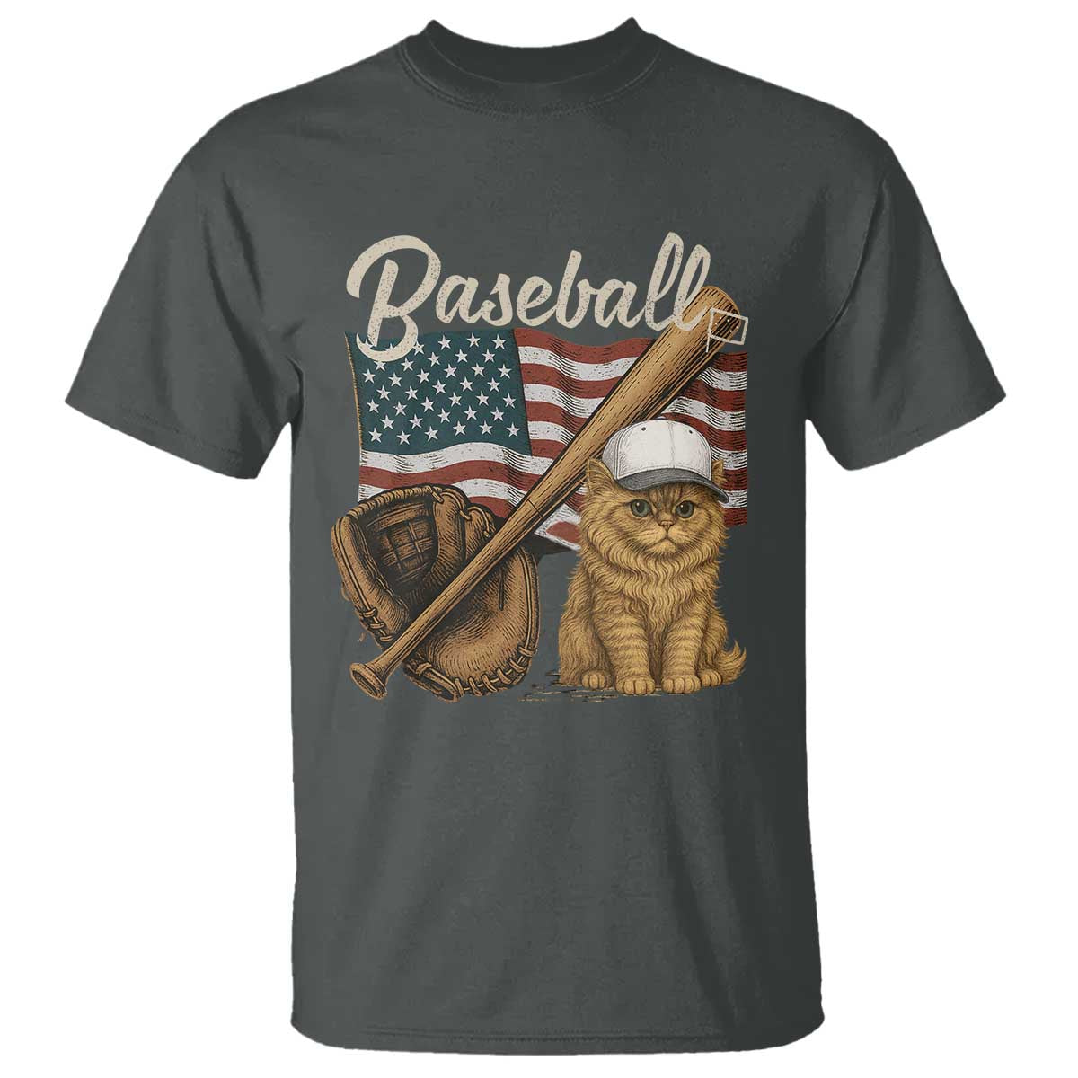 Funny Baseball Cat Lover T Shirt Patriotic USA Sports Lover TS12 Dark Heather Print Your Wear