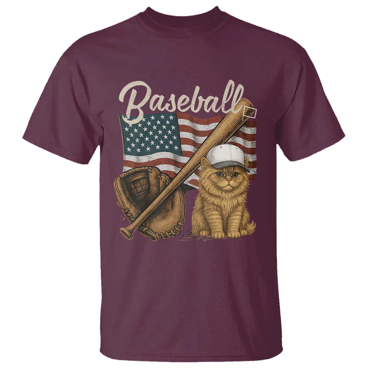 Funny Baseball Cat Lover T Shirt Patriotic USA Sports Lover TS12 Maroon Print Your Wear