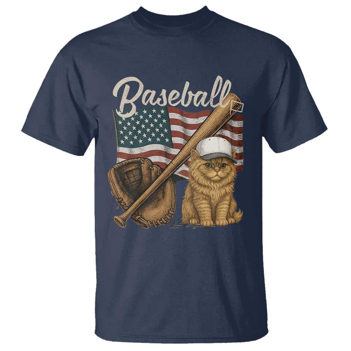 Funny Baseball Cat Lover T Shirt Patriotic USA Sports Lover TS12 Navy Print Your Wear