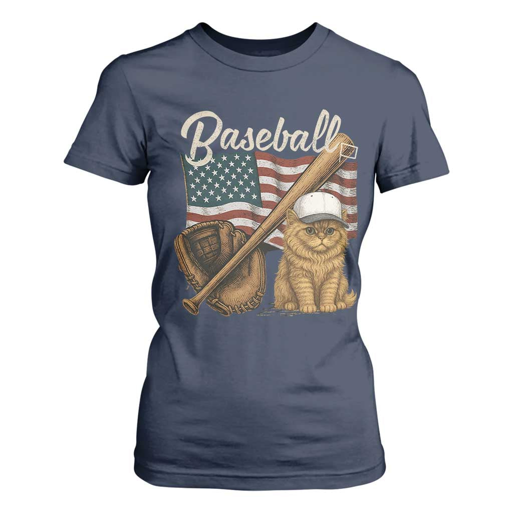 Funny Baseball Cat Lover T Shirt For Women Patriotic USA Sports Lover TS12 Navy Print Your Wear