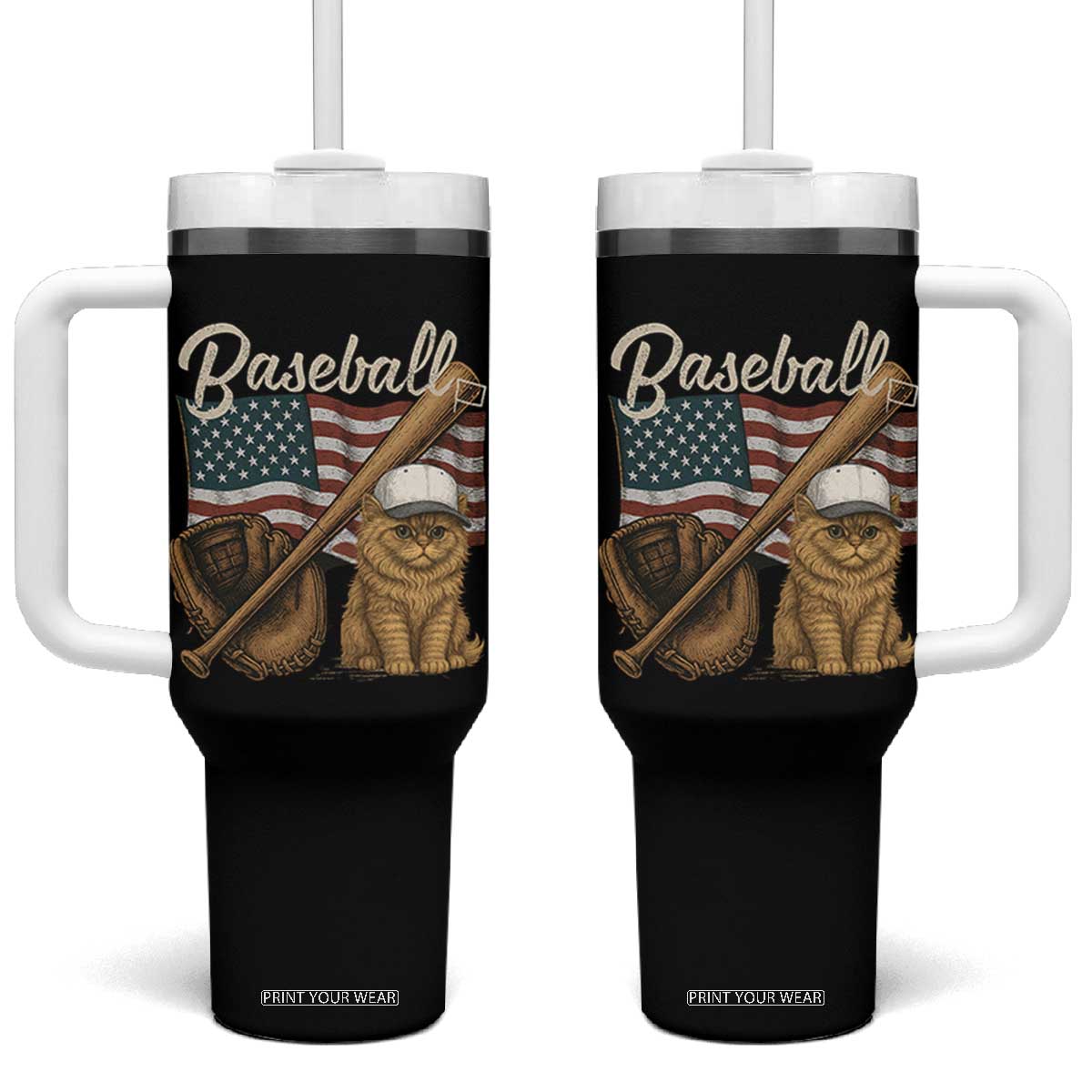 Funny Baseball Cat Lover Tumbler With Handle Patriotic USA Sports Lover TS12 One Size: 40 oz Black Print Your Wear