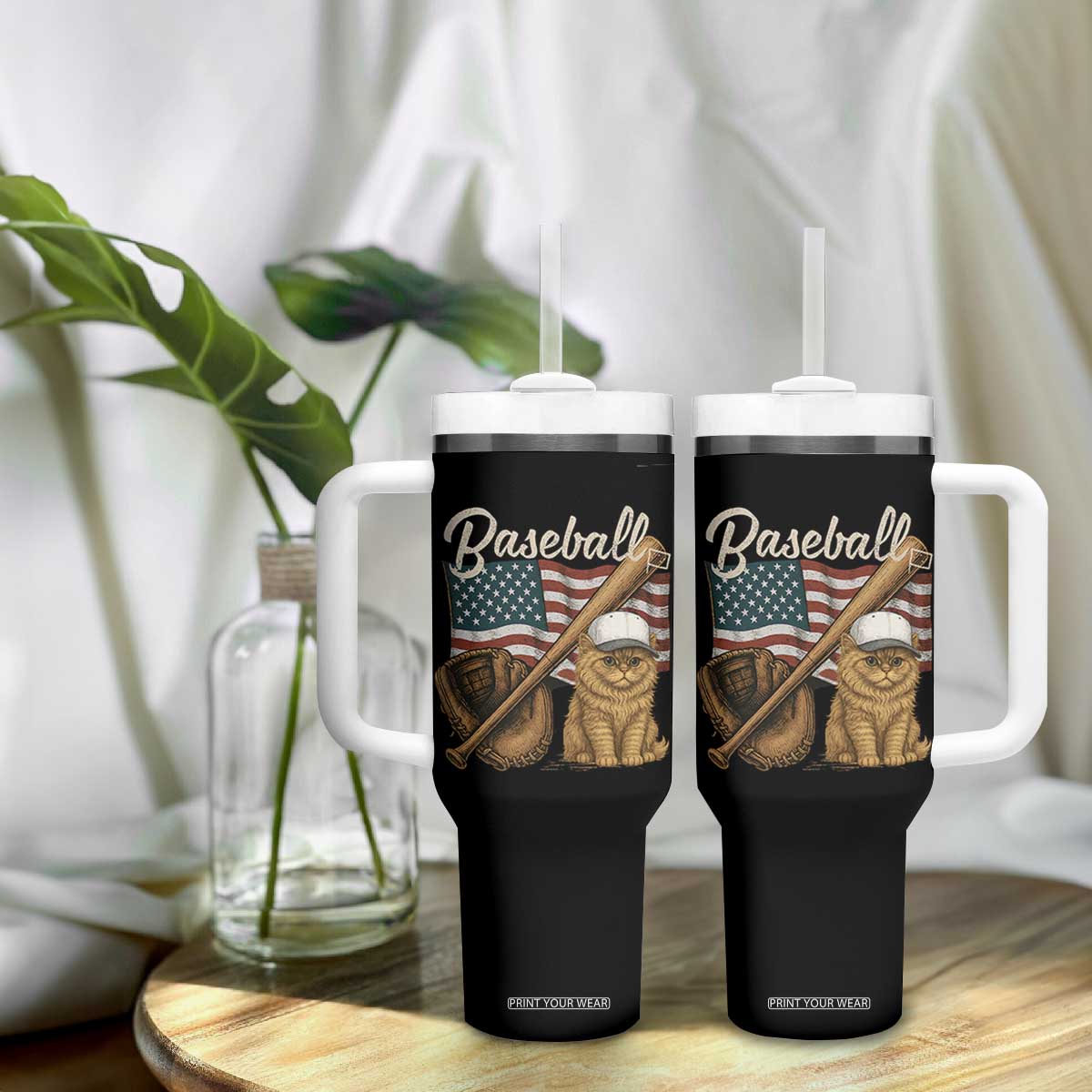 Funny Baseball Cat Lover Tumbler With Handle Patriotic USA Sports Lover TS12 Print Your Wear
