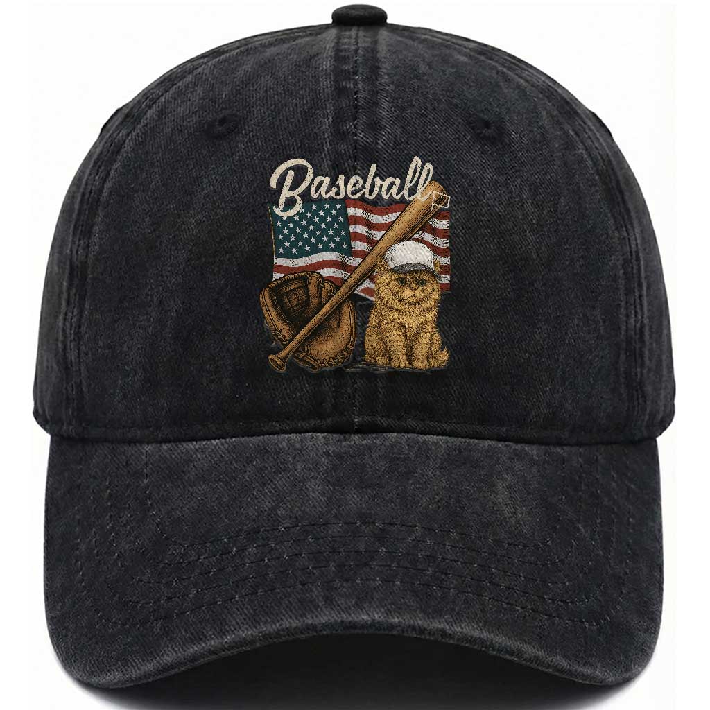 Funny Baseball Cat Lover Washed Cotton Baseball Cap Patriotic USA Sports Lover TS12 Washed Cap Universal Fit Black Print Your Wear