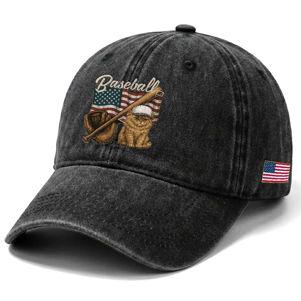 Funny Baseball Cat Lover Washed Cotton Baseball Cap Patriotic USA Sports Lover TS12 Print Your Wear