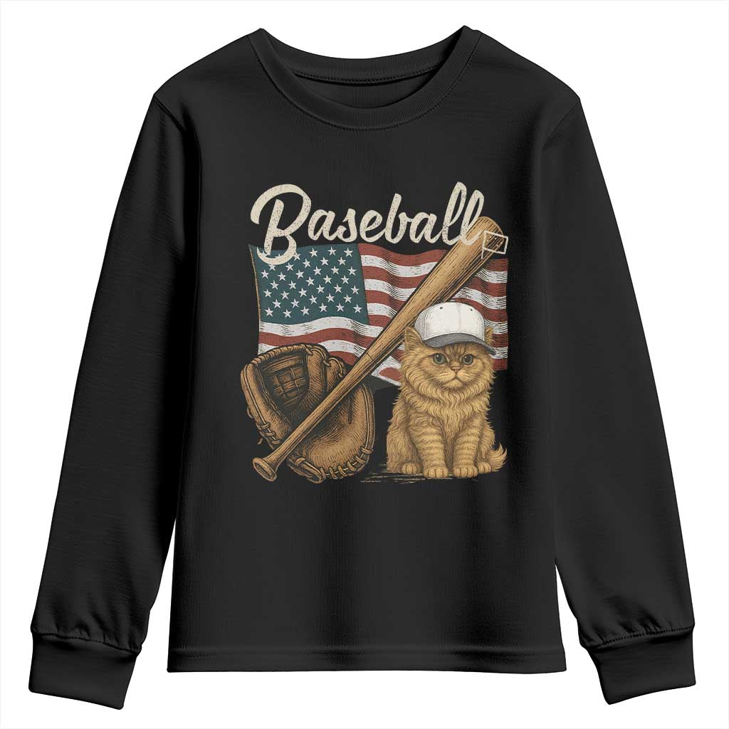 Funny Baseball Cat Lover Youth Sweatshirt Patriotic USA Sports Lover TS12 Black Print Your Wear