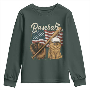 Funny Baseball Cat Lover Youth Sweatshirt Patriotic USA Sports Lover TS12 Dark Forest Green Print Your Wear