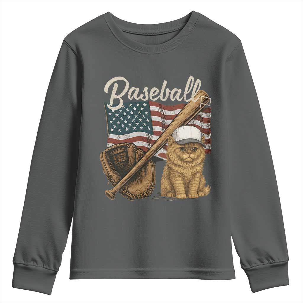 Funny Baseball Cat Lover Youth Sweatshirt Patriotic USA Sports Lover TS12 Dark Heather Print Your Wear
