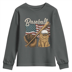 Funny Baseball Cat Lover Youth Sweatshirt Patriotic USA Sports Lover TS12 Dark Heather Print Your Wear
