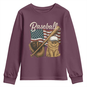 Funny Baseball Cat Lover Youth Sweatshirt Patriotic USA Sports Lover TS12 Maroon Print Your Wear