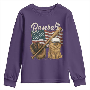 Funny Baseball Cat Lover Youth Sweatshirt Patriotic USA Sports Lover TS12 Purple Print Your Wear