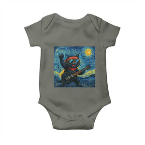 Funny Rock And Roll Baby Onesie Cat Playing Guitar Starry Night Music Lover TS12 Military Green Print Your Wear