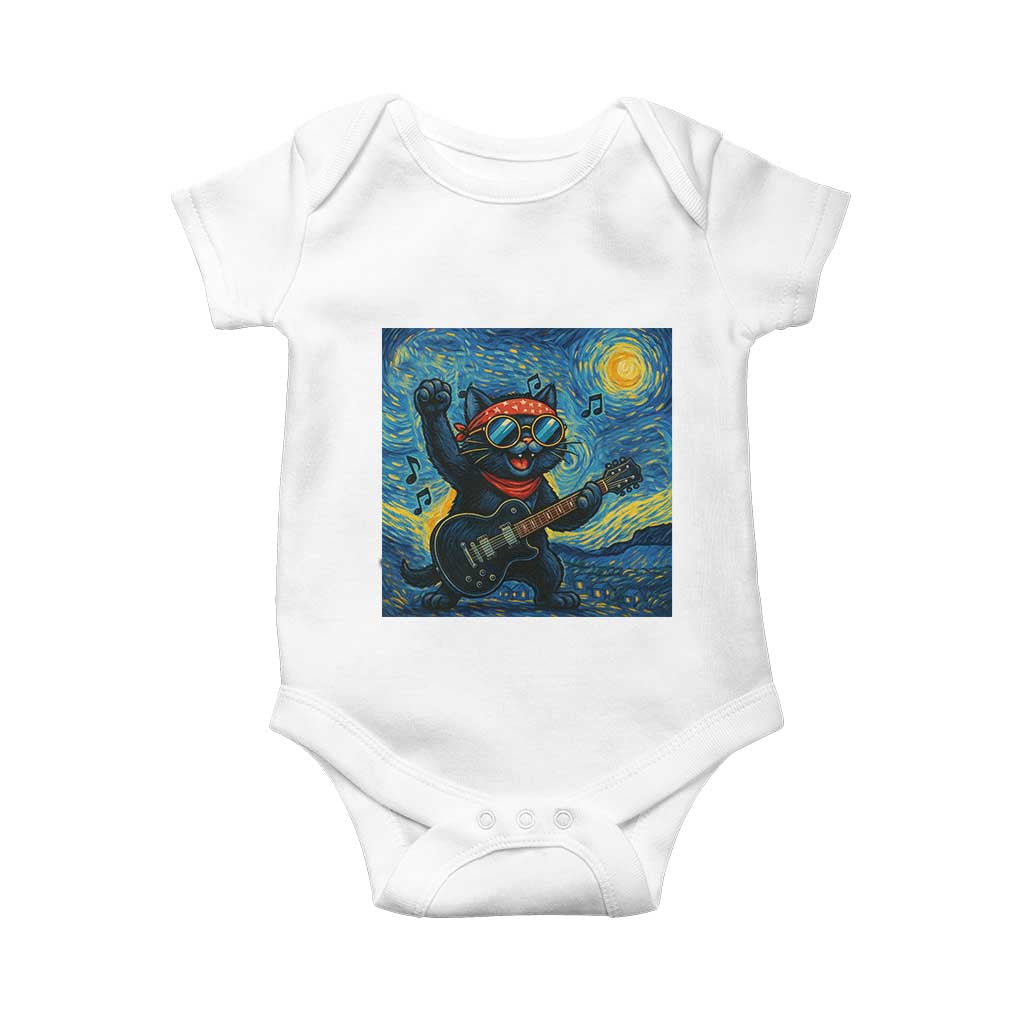 Funny Rock And Roll Baby Onesie Cat Playing Guitar Starry Night Music Lover TS12 White Print Your Wear