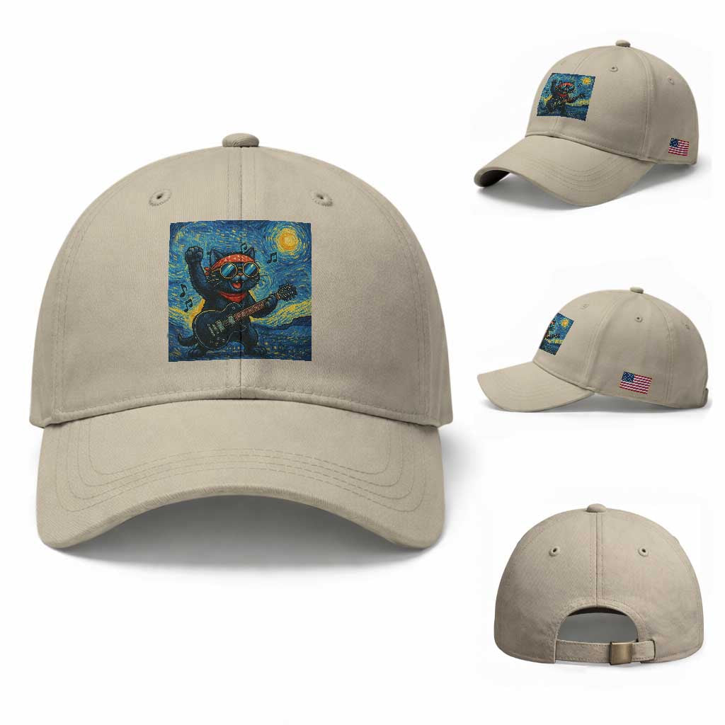 Funny Rock And Roll Baseball Cap Cat Playing Guitar Starry Night Music Lover TS12 Baseball Cap Universal Fit Beige Print Your Wear