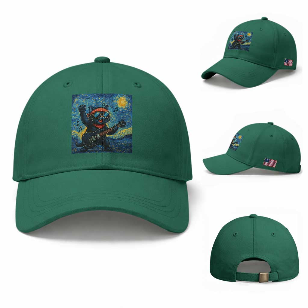 Funny Rock And Roll Baseball Cap Cat Playing Guitar Starry Night Music Lover TS12 Baseball Cap Universal Fit Irish Green Print Your Wear