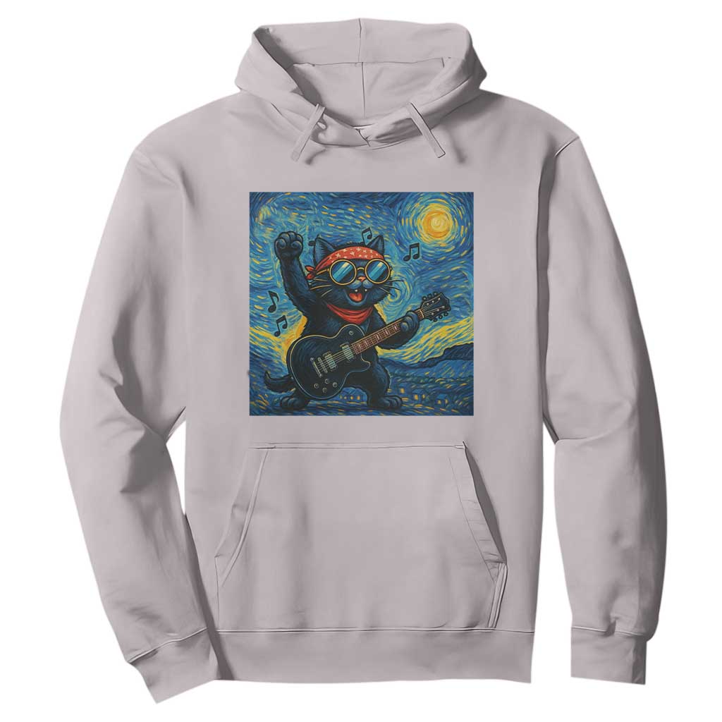 Funny Rock And Roll Hoodie Cat Playing Guitar Starry Night Music Lover TS12 Ice Gray Print Your Wear