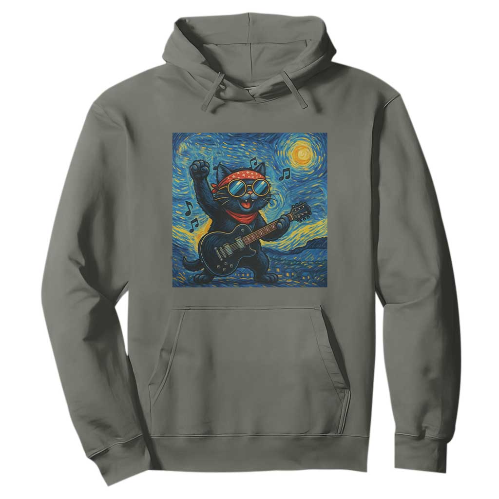 Funny Rock And Roll Hoodie Cat Playing Guitar Starry Night Music Lover TS12 Military Green Print Your Wear