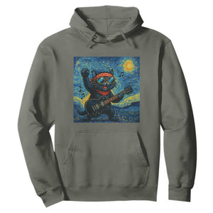 Funny Rock And Roll Hoodie Cat Playing Guitar Starry Night Music Lover TS12 Military Green Print Your Wear