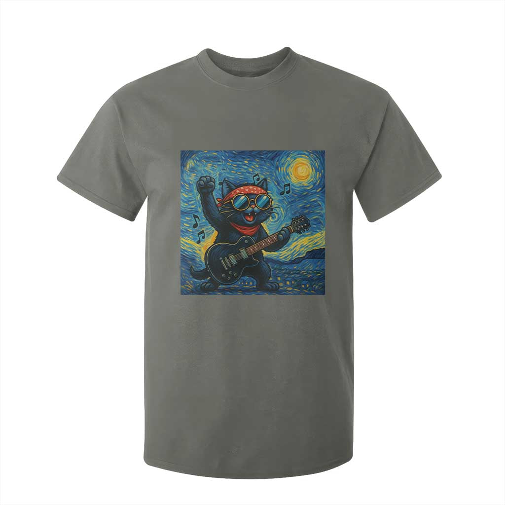 Funny Rock And Roll T Shirt For Kid Cat Playing Guitar Starry Night Music Lover TS12 Military Green Print Your Wear
