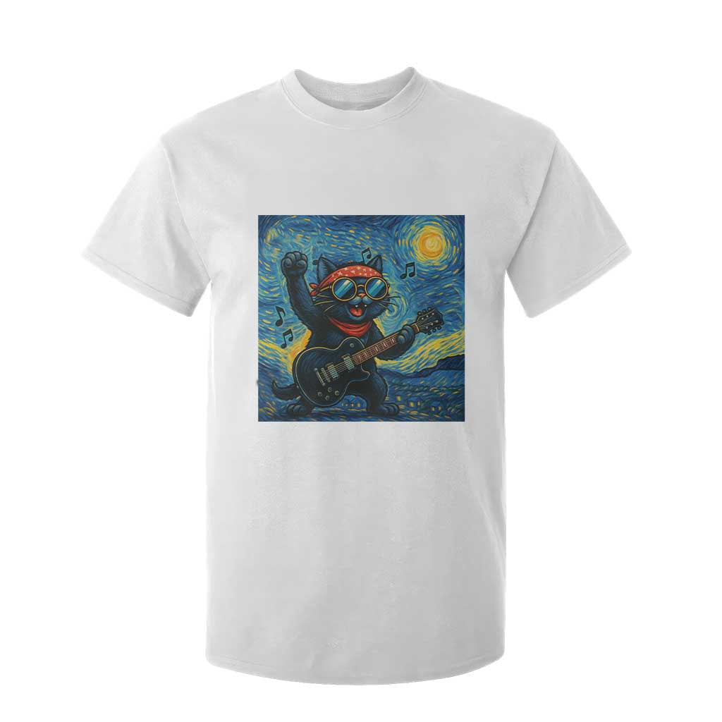 Funny Rock And Roll T Shirt For Kid Cat Playing Guitar Starry Night Music Lover TS12 White Print Your Wear
