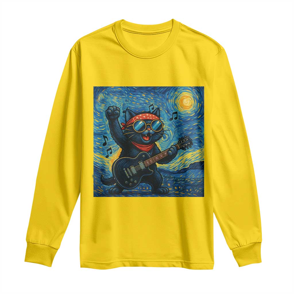Funny Rock And Roll Long Sleeve Shirt Cat Playing Guitar Starry Night Music Lover TS12 Daisy Print Your Wear