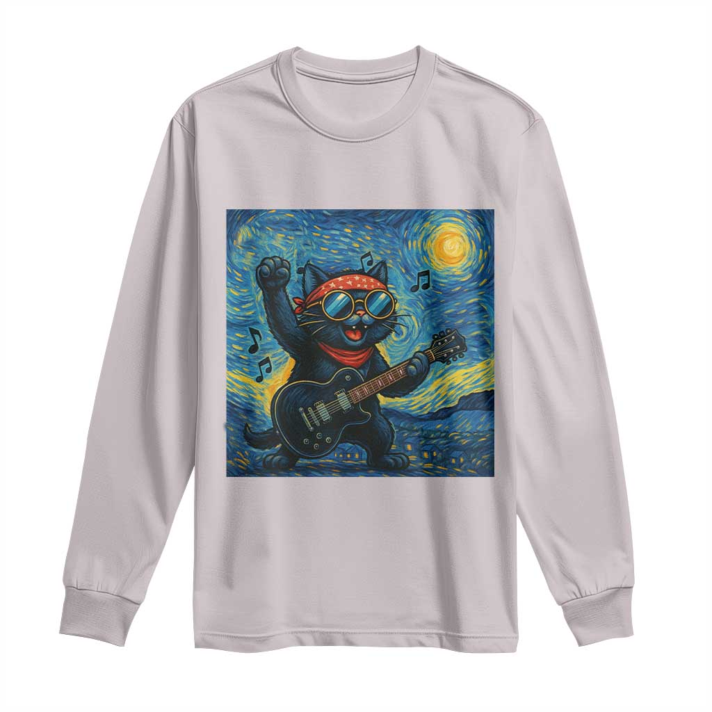 Funny Rock And Roll Long Sleeve Shirt Cat Playing Guitar Starry Night Music Lover TS12 Ice Gray Print Your Wear