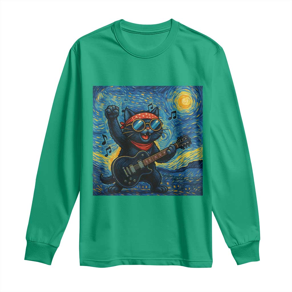 Funny Rock And Roll Long Sleeve Shirt Cat Playing Guitar Starry Night Music Lover TS12 Irish Green Print Your Wear