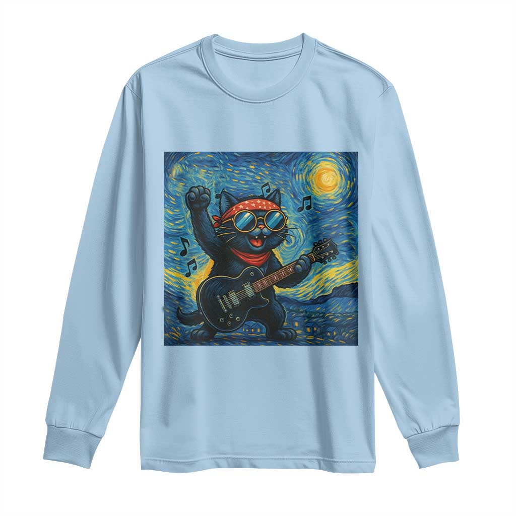 Funny Rock And Roll Long Sleeve Shirt Cat Playing Guitar Starry Night Music Lover TS12 Light Blue Print Your Wear