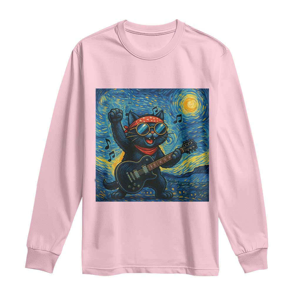 Funny Rock And Roll Long Sleeve Shirt Cat Playing Guitar Starry Night Music Lover TS12 Light Pink Print Your Wear