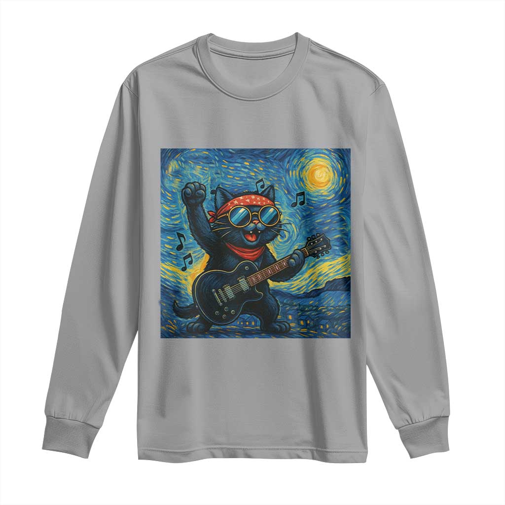 Funny Rock And Roll Long Sleeve Shirt Cat Playing Guitar Starry Night Music Lover TS12 Sport Gray Print Your Wear