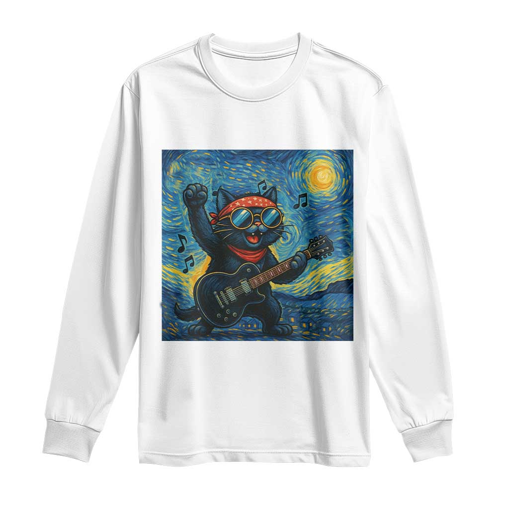 Funny Rock And Roll Long Sleeve Shirt Cat Playing Guitar Starry Night Music Lover TS12 White Print Your Wear