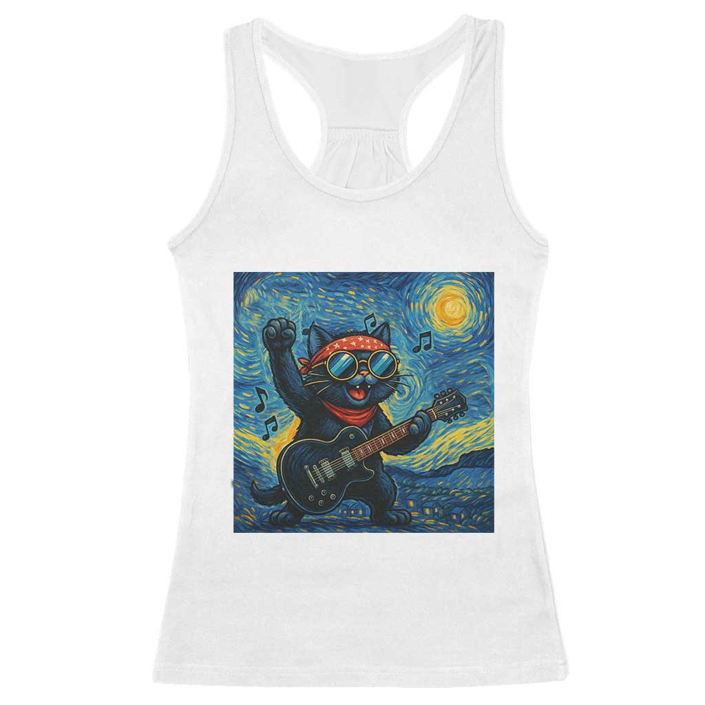 Funny Rock And Roll Racerback Tank Top Cat Playing Guitar Starry Night Music Lover TS12 White Print Your Wear