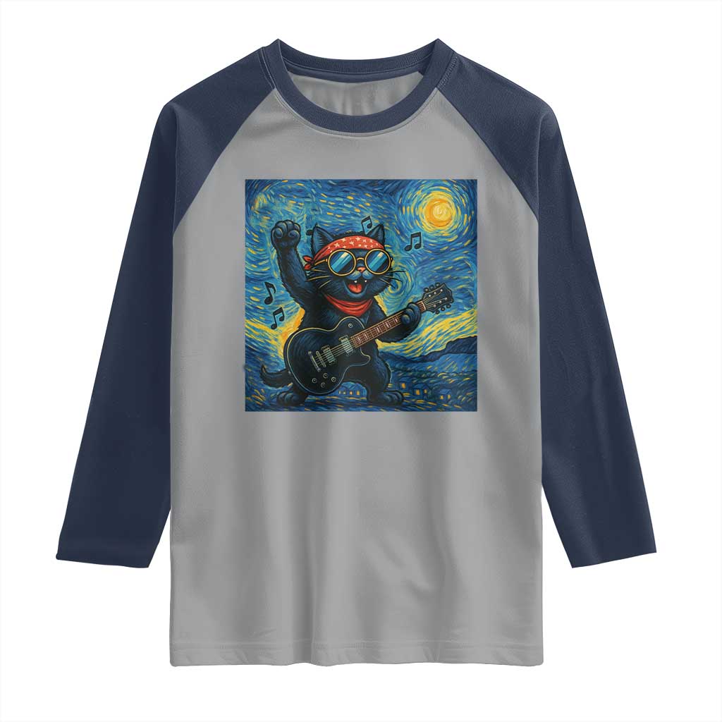 Funny Rock And Roll Raglan Shirt Cat Playing Guitar Starry Night Music Lover TS12 Sport Gray Navy Print Your Wear