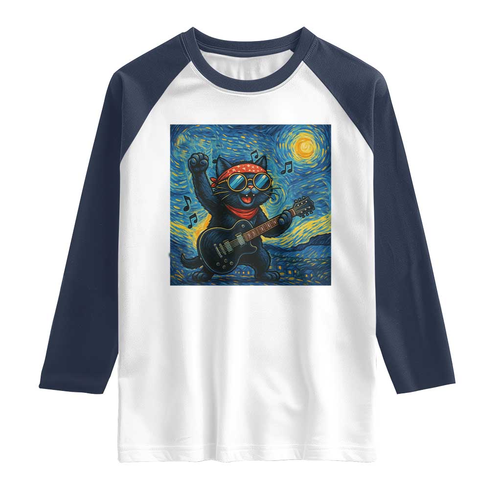 Funny Rock And Roll Raglan Shirt Cat Playing Guitar Starry Night Music Lover TS12 White Navy Print Your Wear