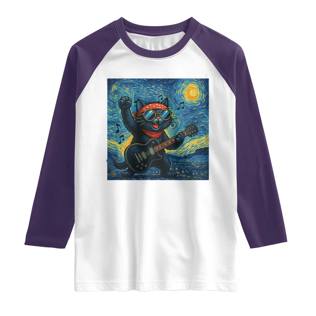 Funny Rock And Roll Raglan Shirt Cat Playing Guitar Starry Night Music Lover TS12 White Purple Print Your Wear