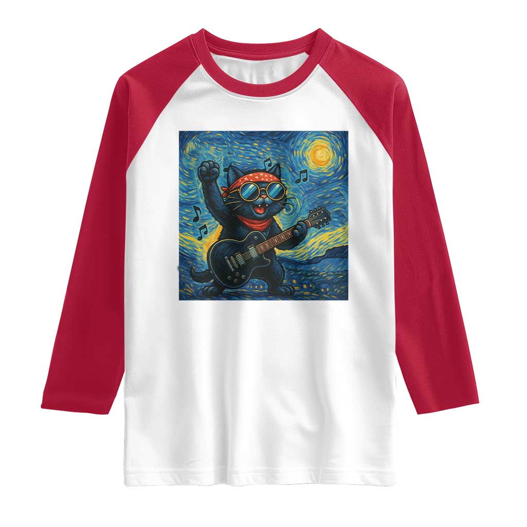 Funny Rock And Roll Raglan Shirt Cat Playing Guitar Starry Night Music Lover TS12 White Red Print Your Wear