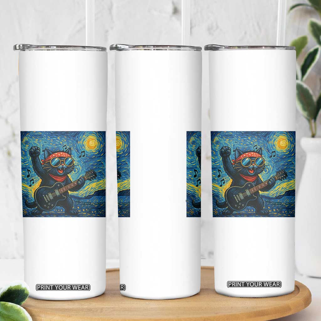 Funny Rock And Roll Skinny Tumbler Cat Playing Guitar Starry Night Music Lover TS12 Print Your Wear