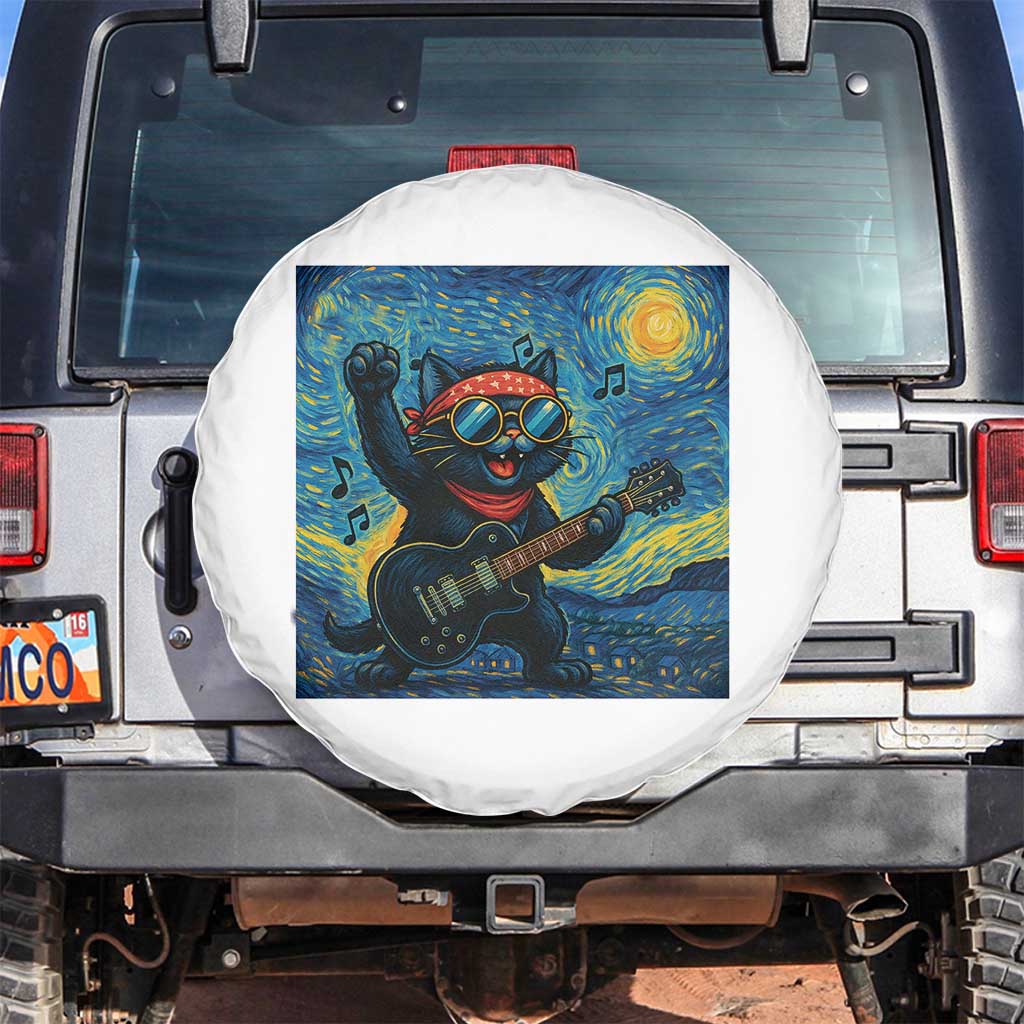 Funny Rock And Roll Spare Tire Cover Cat Playing Guitar Starry Night Music Lover TS12 No hole White Print Your Wear