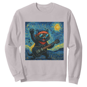 Funny Rock And Roll Sweatshirt Cat Playing Guitar Starry Night Music Lover TS12 Ice Gray Print Your Wear