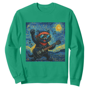 Funny Rock And Roll Sweatshirt Cat Playing Guitar Starry Night Music Lover TS12 Irish Green Print Your Wear