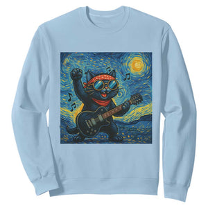 Funny Rock And Roll Sweatshirt Cat Playing Guitar Starry Night Music Lover TS12 Light Blue Print Your Wear