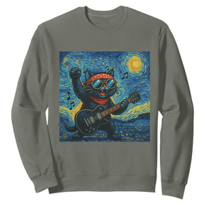 Funny Rock And Roll Sweatshirt Cat Playing Guitar Starry Night Music Lover TS12 Military Green Print Your Wear