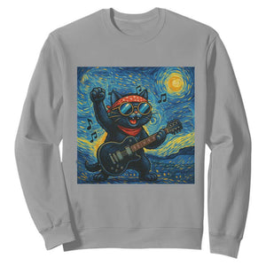 Funny Rock And Roll Sweatshirt Cat Playing Guitar Starry Night Music Lover TS12 Sport Gray Print Your Wear