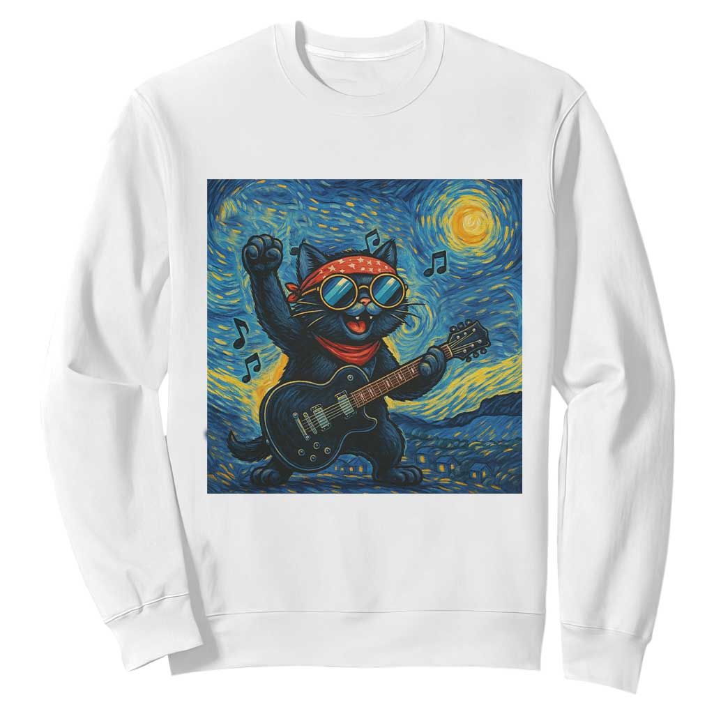 Funny Rock And Roll Sweatshirt Cat Playing Guitar Starry Night Music Lover TS12 White Print Your Wear