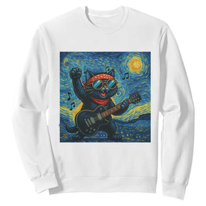 Funny Rock And Roll Sweatshirt Cat Playing Guitar Starry Night Music Lover TS12 White Print Your Wear