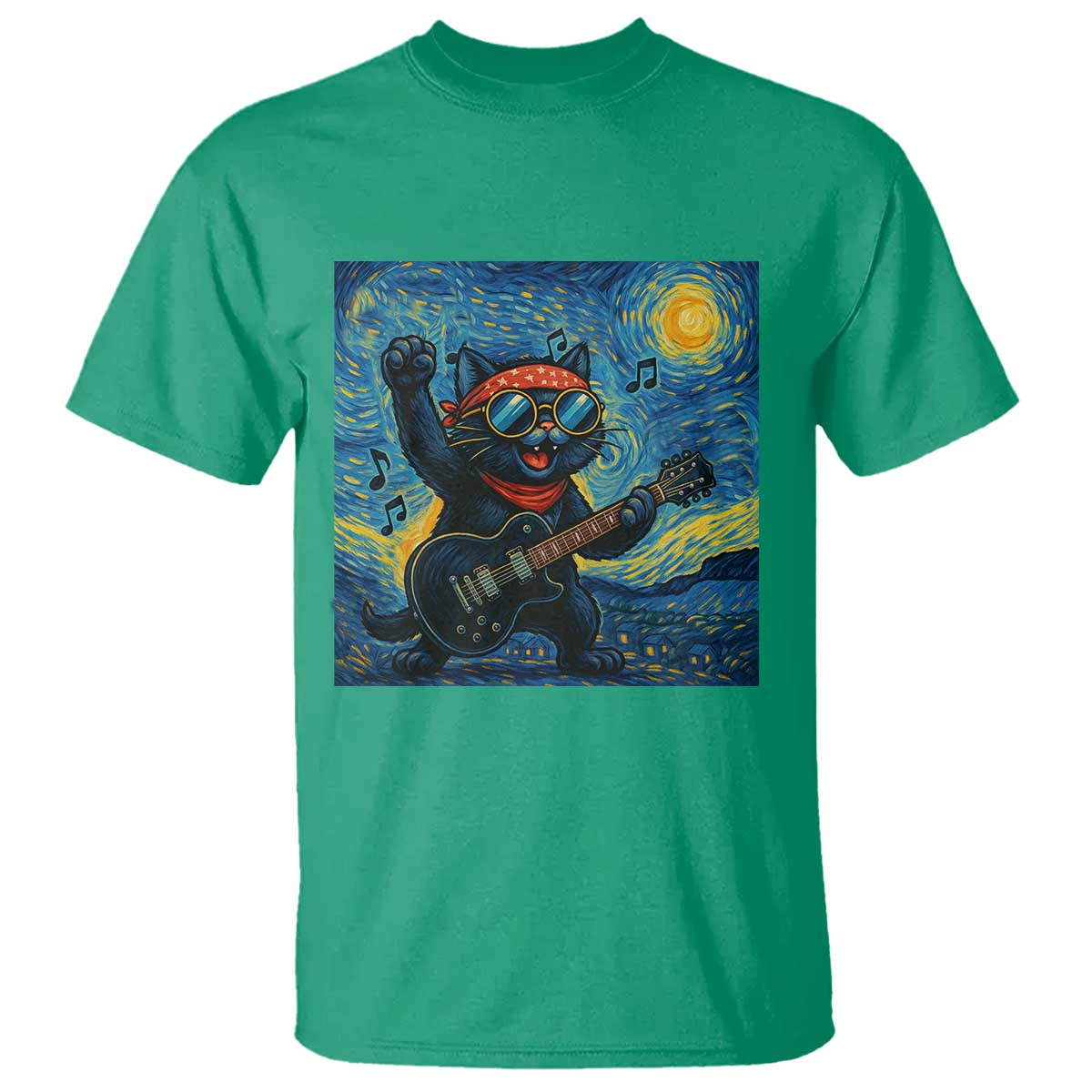 Funny Rock And Roll T Shirt Cat Playing Guitar Starry Night Music Lover TS12 Irish Green Print Your Wear